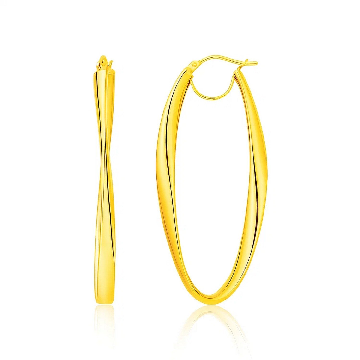 14k Yellow Gold Twist Motif Oval Shape Hoop Earrings in a sleek high-contrast midnight luxury editorial style